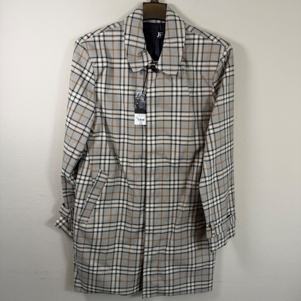 New JF J Ferrar Large Plaid Coat Jacket Brown Black Cream Water Resistant